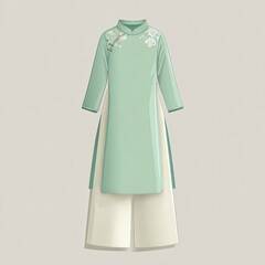 Ao dai dress for kid with rounded neckline, mint green top and cream pants, flat design on white