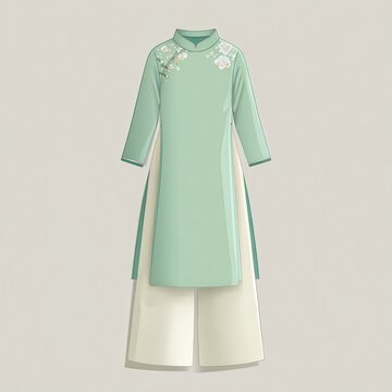 Ao dai dress for kid with rounded neckline, mint green top and cream pants, flat design on white