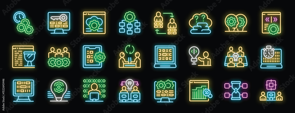 Poster neon icons representing software development, project management, teamwork, brainstorming, coding, t