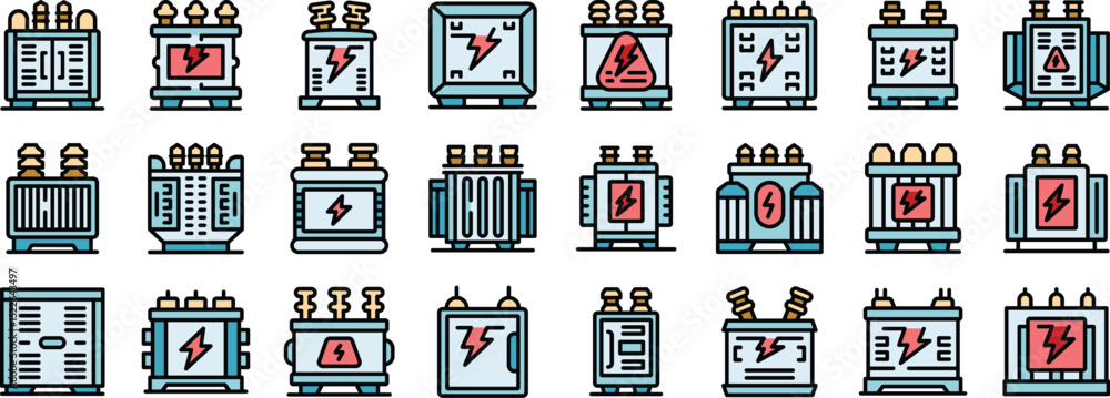 Poster set of colorful transformer icons in various styles and designs