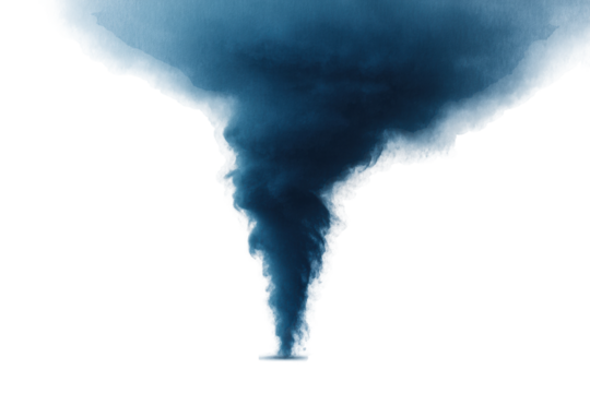 Dramatic blue tornado swirling against cloudy sky, cut out