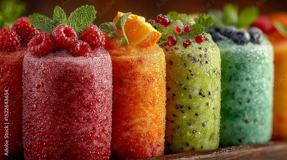 Poster vibrant row of colorful fruit smoothies topped with berries and mint, covered in condensation and ar
