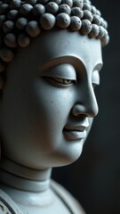 Vesak, Buddha Purnima. Statue of a Buddha face with a serene expression. The statue is made of white marble and has a peaceful aura surrounding it