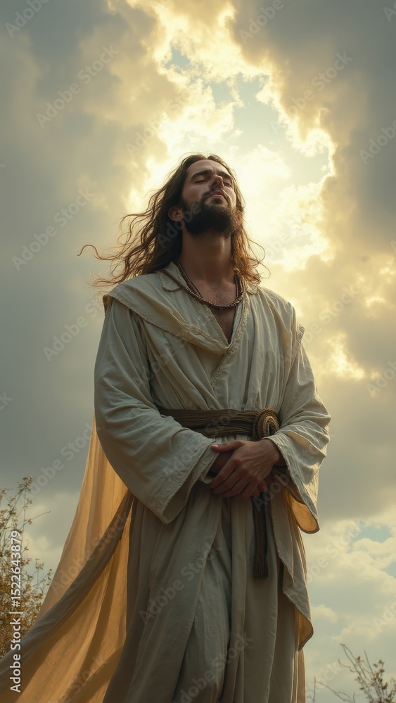 Aufkleber man in a white robe is standing in a field with clouds in the sky. he is looking up and he is in a c