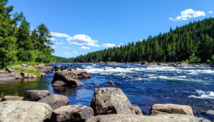 River rushes over rocks, framed by trees under a bright blue sky with fluffy clouds
