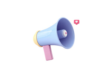 Colorful 3d megaphone with floating heart icon on white background, cut out