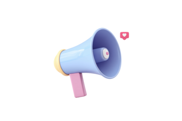 Colorful 3d megaphone with floating heart icon on white background, cut out
