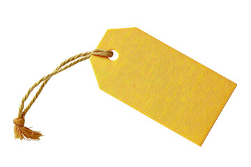 Plain yellow price tag with twine string on black background, cut out