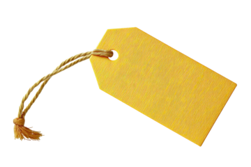 Plain yellow price tag with twine string on black background, cut out