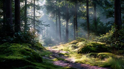 Obraz premium Lush Green Forest with Mossy Rocks and Sunbeams