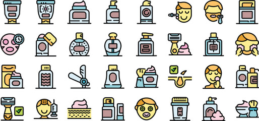 Icons depicting various men's cosmetic products and their usage, including shaving, applying cream, lotion, and face masks