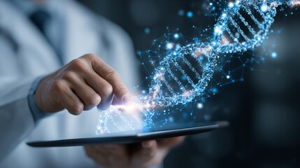 Doctor interacting with electronic medical record on tablet with dna hologram and digital healthcare network interface