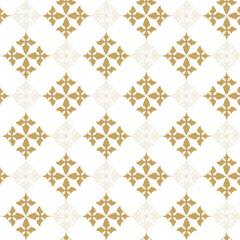 Abstract geometric pattern with crosses, stripes, lines. Seamless vector background. White and gold ornament. Modern reticulated graphic design.
