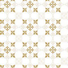 Abstract geometric pattern with crosses, stripes, lines. Seamless vector background. White and gold ornament. Modern reticulated graphic design.