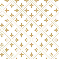 Abstract geometric pattern with crosses, stripes, lines. Seamless vector background. White and gold ornament. Modern reticulated graphic design.