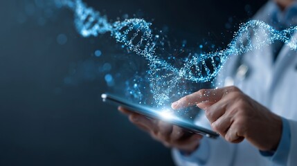 Doctor interacting with electronic medical record on tablet with dna hologram and digital healthcare network interface
