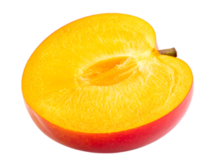 A halved plum revealing golden flesh rests against a gradient background of yellow fading into red The plum features a small stem