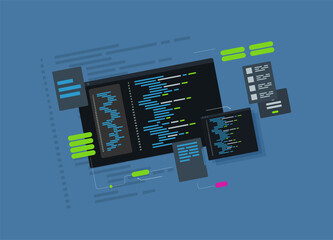 Software development and programming, program code on laptop screen, big data processing, computing isometric