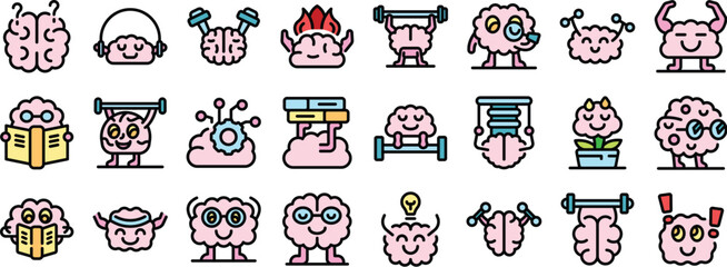 Set of brain training icons representing learning, studying, relaxing, exercising, and growing concepts