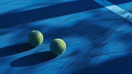 Two Tennis Balls on Blue Court Dramatic Lighting Sport Game Competition Summer Activity Recreation Exercise Healthy Lifestyle Professional Tournament Championship Victory Success Energy Dynamic       