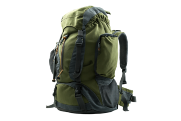 Durable green backpack for hiking and outdoor adventures, cut out