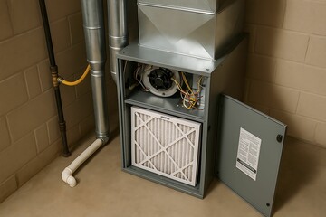 An open furnace unit shows its air filter and internal components in a basement with exposed pipes and ductwork.