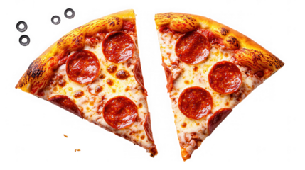 Two slices of pepperoni pizza isolated against a plain dark background view on transparent background