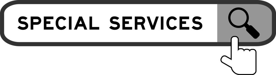 Search banner in word special services with hand over magnifier icon on white background