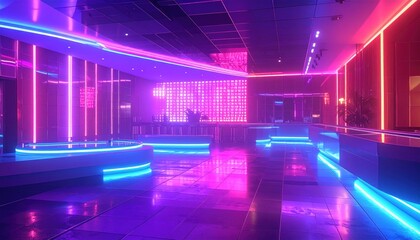 Neon-lit interior with glowing platforms and walls, bathed in purple, pink, and blue light