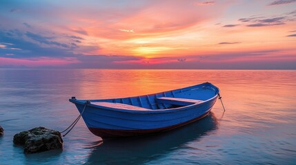 Fototapeta premium Serene sunset over tranquil water with a small boat.
