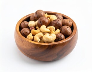 Assorted nuts in a wooden bowl, including macadamia, cashews, and hazelnuts, against a white background