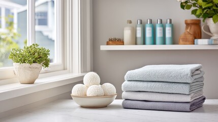 Stacked Towels And Decor In A Serene Bathroom Setting. Promotes Relaxation And Home Spa Ambiance