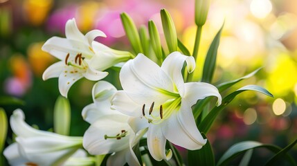 Fototapeta premium Divine Petals: Unraveling the Elegance and Symbolism of Lilies in Easter Traditions – A Tribute to Purity, Resurrection, and the Blossoming Spirit of Spring Celebrations