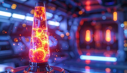 Lava lamp glows red and yellow in a futuristic, high-tech hallway