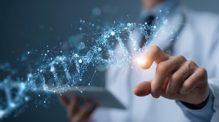 Doctor using tablet with digital medical records and dna hologram interface in modern healthcare technology concept