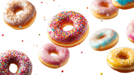 Assorted donuts with colorful frosting and sprinkles floating on black background on transparent background