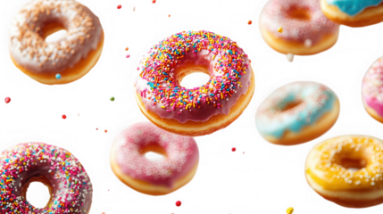 Assorted donuts with colorful frosting and sprinkles floating on black background on transparent background