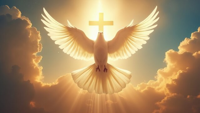 White dove with a cross in its beak flying in the sky. Concept of peace and hope
