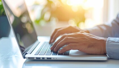 Hands type on a laptop. Bright, blurred background & plant. Low angle view