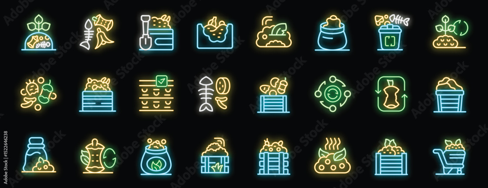 Poster compost icons set showing different stages of composting process, from collecting food waste to usin