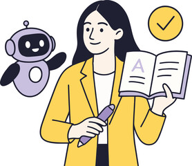 AI Learning Vector Illustration. Woman Studying with Robot Tutor.