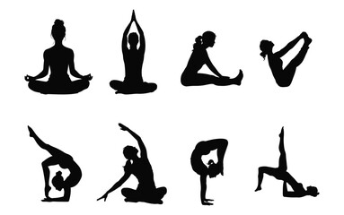 Various Yoga Poses Silhouette Collection - Wellness and Exercise Art