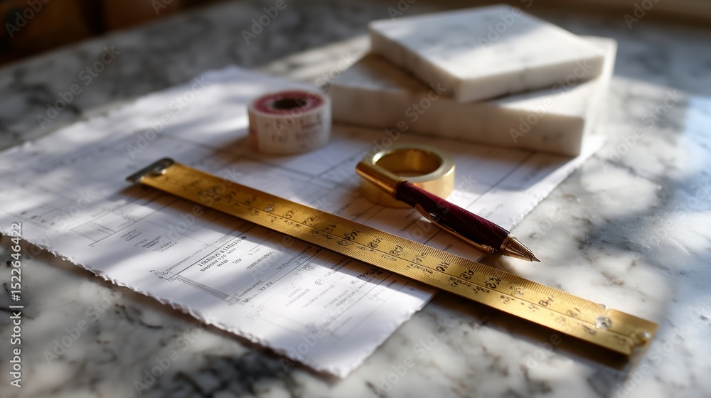 Poster planning and designing with architectural tools on a marble surface in a bright workspace