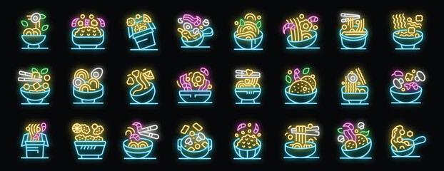 Neon style icons depicting various wok dishes with noodles, shrimps, vegetables, and meat, ideal for restaurant menus and food related businesses