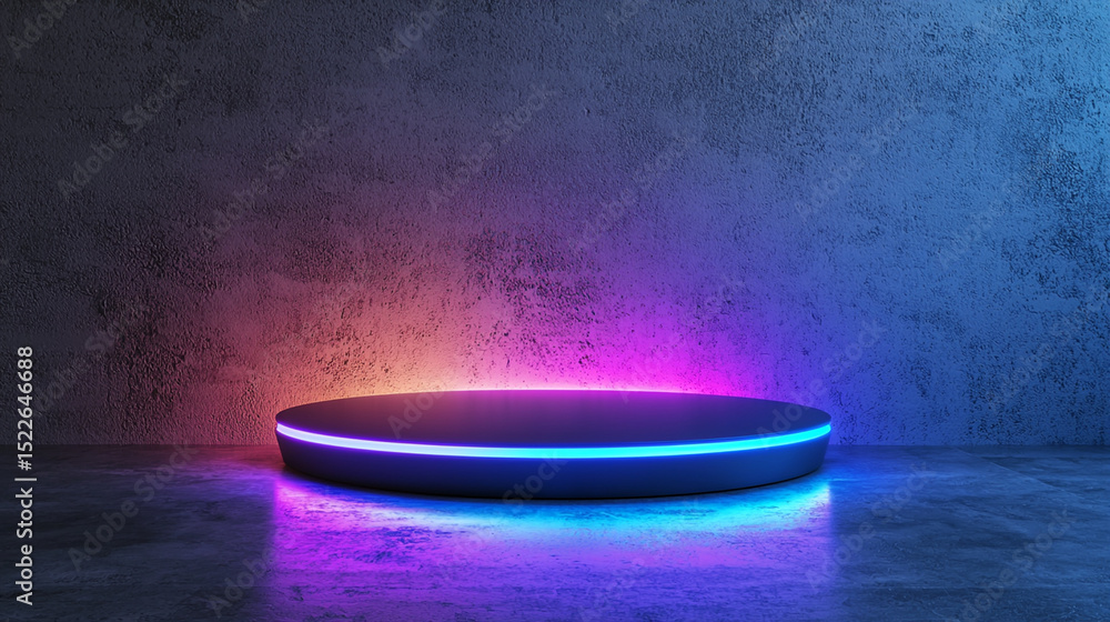 Poster abstract 3d rendering of a glowing podium with neon light in futuristic style