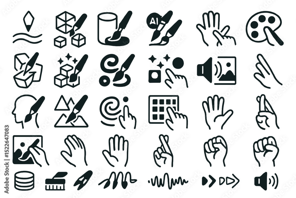Poster various icons representing creativity and art, illustrating different tools and actions related to d