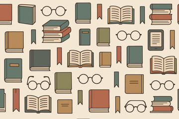 Colorful pattern of books and reading glasses in a cozy library setting with various shades and textures creating an inviting atmosphere