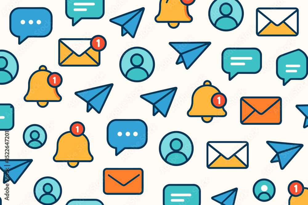 Poster colorful digital communication icons with notifications and messaging elements on a light background