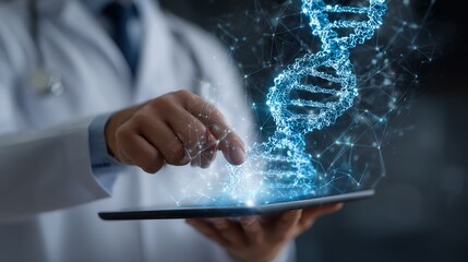 Doctor using tablet with digital medical records and dna hologram interface in modern healthcare technology concept