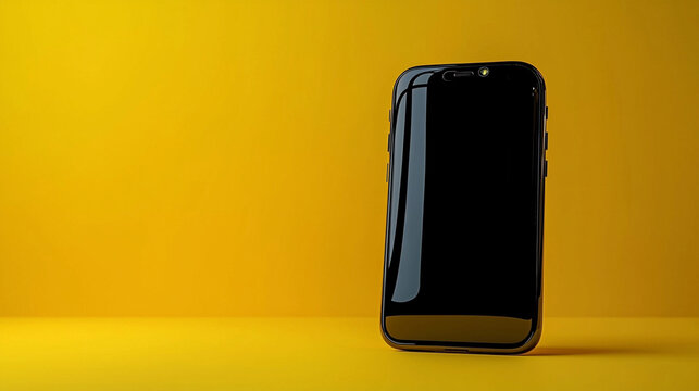 A sleek black smartphone on a bright yellow background with copy space for your text or branding